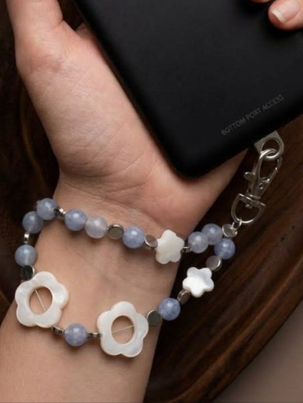 Handmade Y2K Floral Glass Bead Phone Wristlet Charm - Light Blue & White